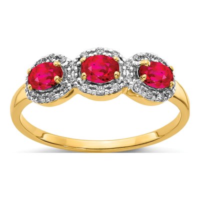 14K Yellow Gold 1/8 ct tw Ruby & Diamond Oval 3-Stone Ring