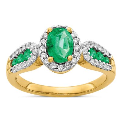 14K Yellow Gold 1/3 ct tw Emerald & Diamond Oval Halo Ring