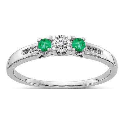 14K White Gold 1/3 ct tw Emerald & Diamond 3-Stone Ring