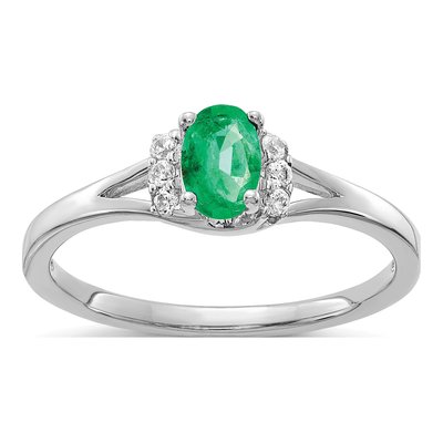 10K White Gold 1/15 ct tw Emerald & Diamond Oval Ring