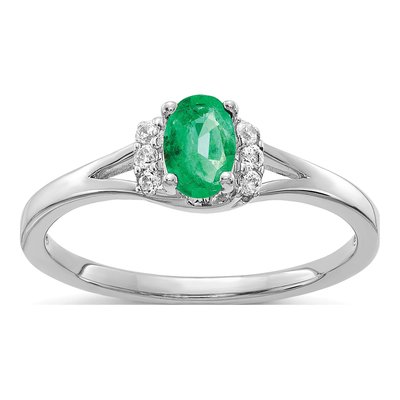 14K White Gold 1/15 ct tw Emerald & Diamond Oval Ring