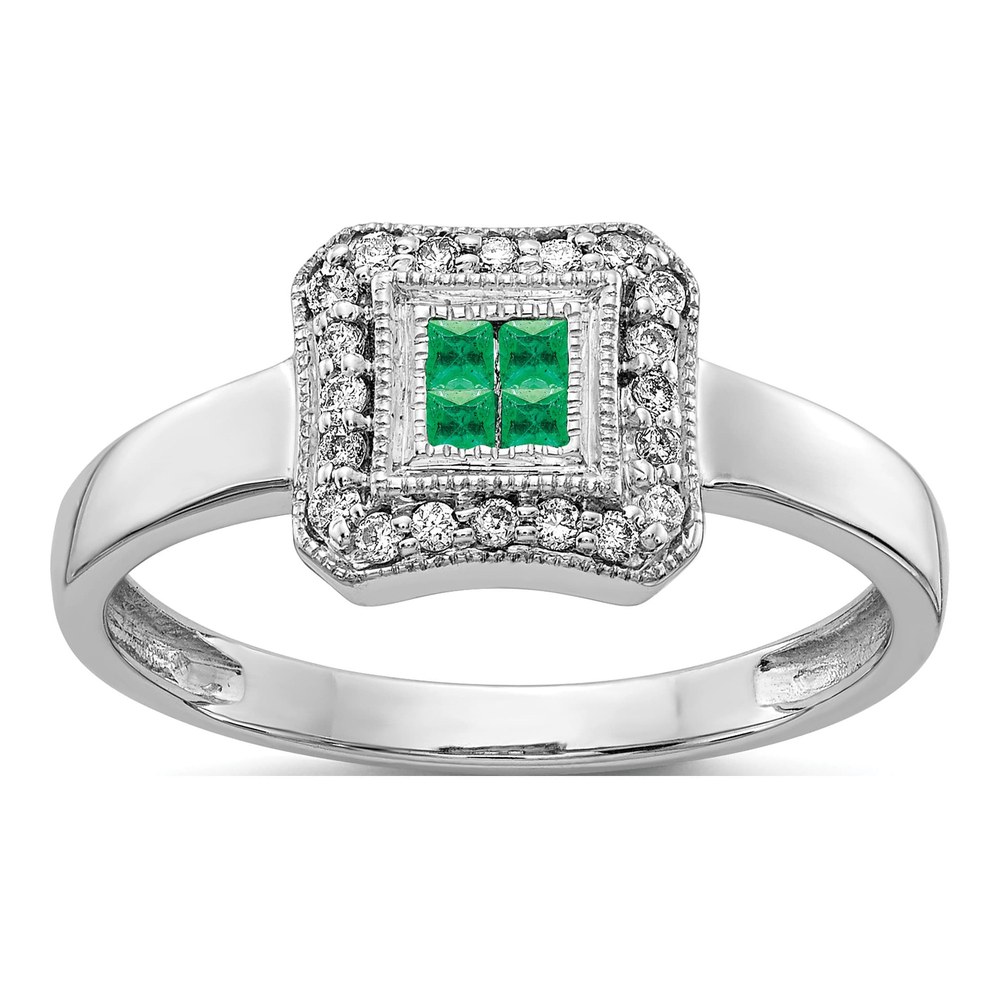 14K White Gold 1/8 ct tw Emerald & Diamond Cluster Ring