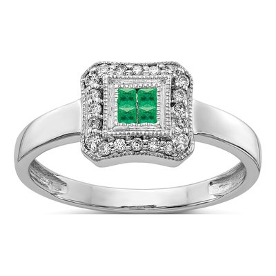 14K White Gold 1/8 ct tw Emerald & Diamond Cluster Ring