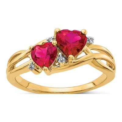 10K Yellow Gold Lab-Created Ruby & Diamond Double Heart Ring