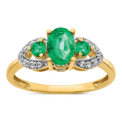 14K Yellow Gold 1/5 ct tw Emerald & Diamond Oval 3-Stone Ring