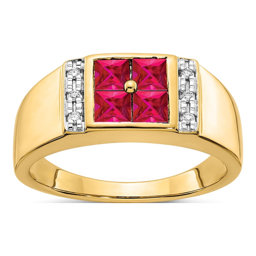 Men's 14K Yellow Gold 1/20 ct tw Lab-Created Ruby & Diamond Cluster Ring
