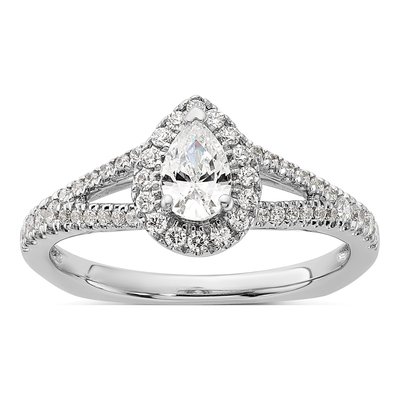 14K White Gold Diamond Halo Engagement Ring Semi-Mount