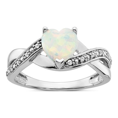 14K White Gold 1/20 ct tw Lab-Created Opal & Diamond Heart Ring