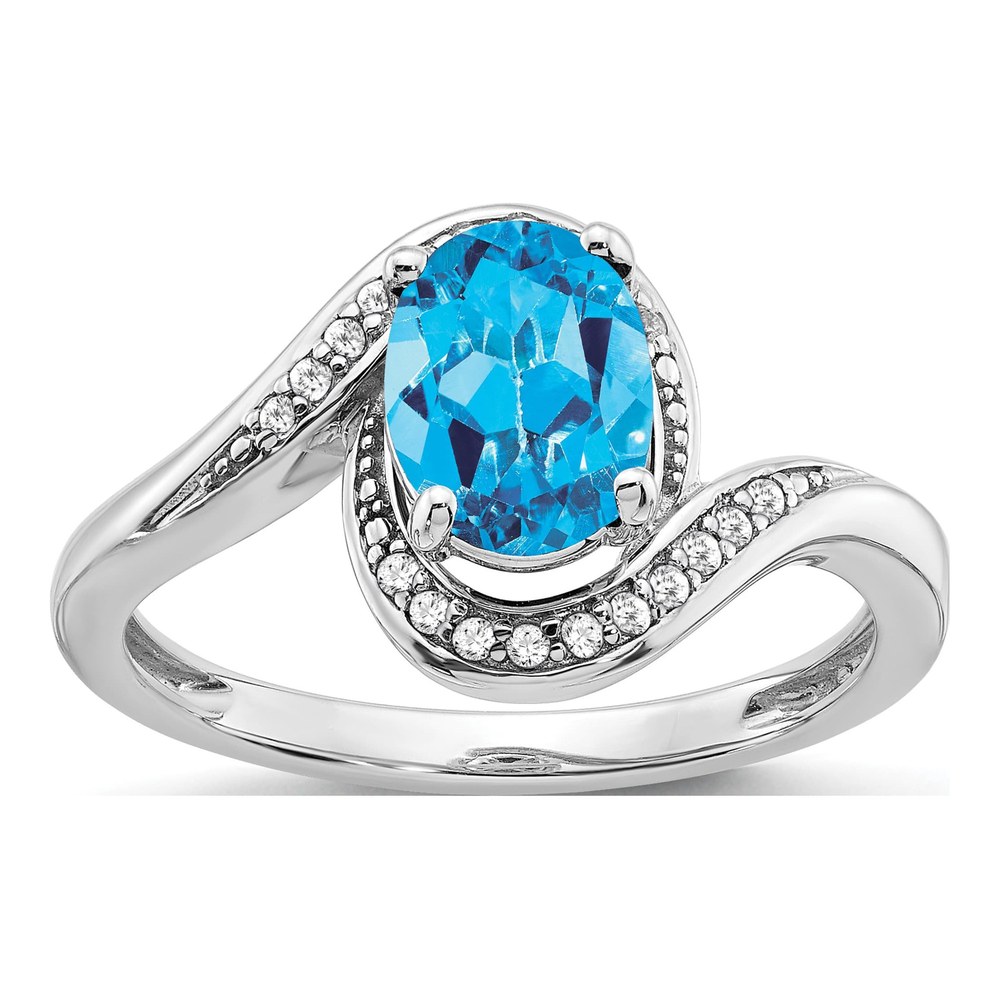 14K White Gold 1/10 ct tw Swiss Blue Topaz & Diamond Oval Bypass Ring