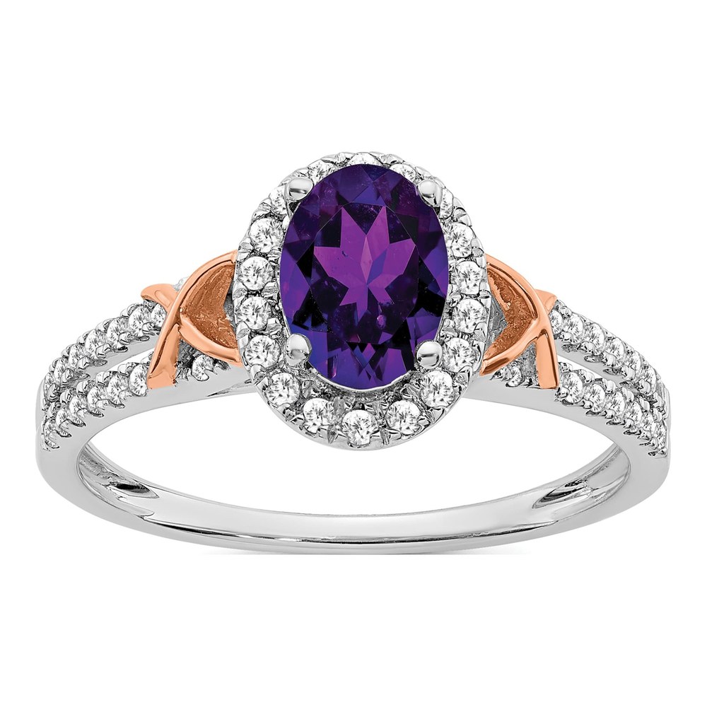 14K Two-Tone Gold 1/4 ct tw Amethyst & Diamond Oval Halo Ring