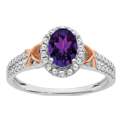 14K Two-Tone Gold 1/4 ct tw Amethyst & Diamond Oval Halo Ring