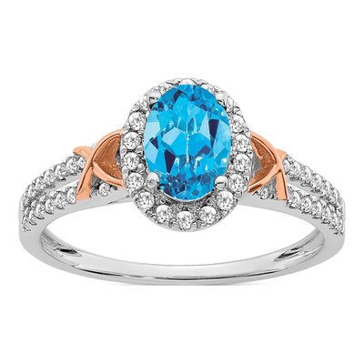 14K Two-Tone Gold 1/4 ct tw Swiss Blue Topaz & Diamond Halo Ring