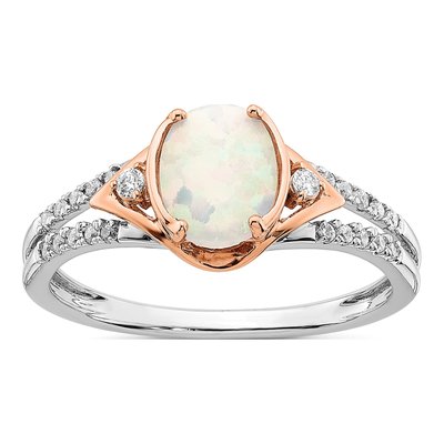 14K Two-Tone Gold 1/6 ct tw Lab-Created Opal & Diamond Oval Ring