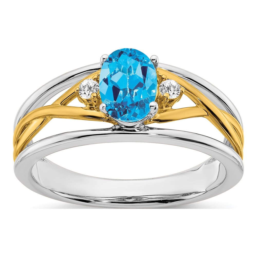 14K Two-Tone Gold 1/20 ct tw Swiss Blue Topaz & Diamond Oval Ring