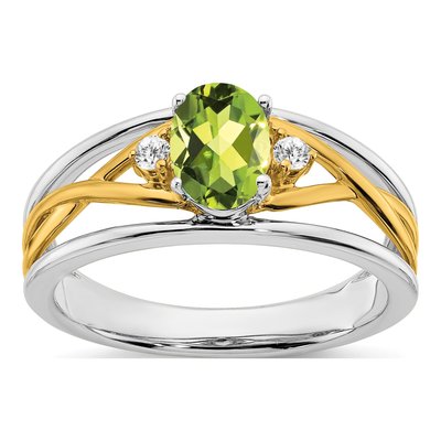 14K Two-Tone Gold 1/20 ct tw Peridot & Diamond Oval Ring