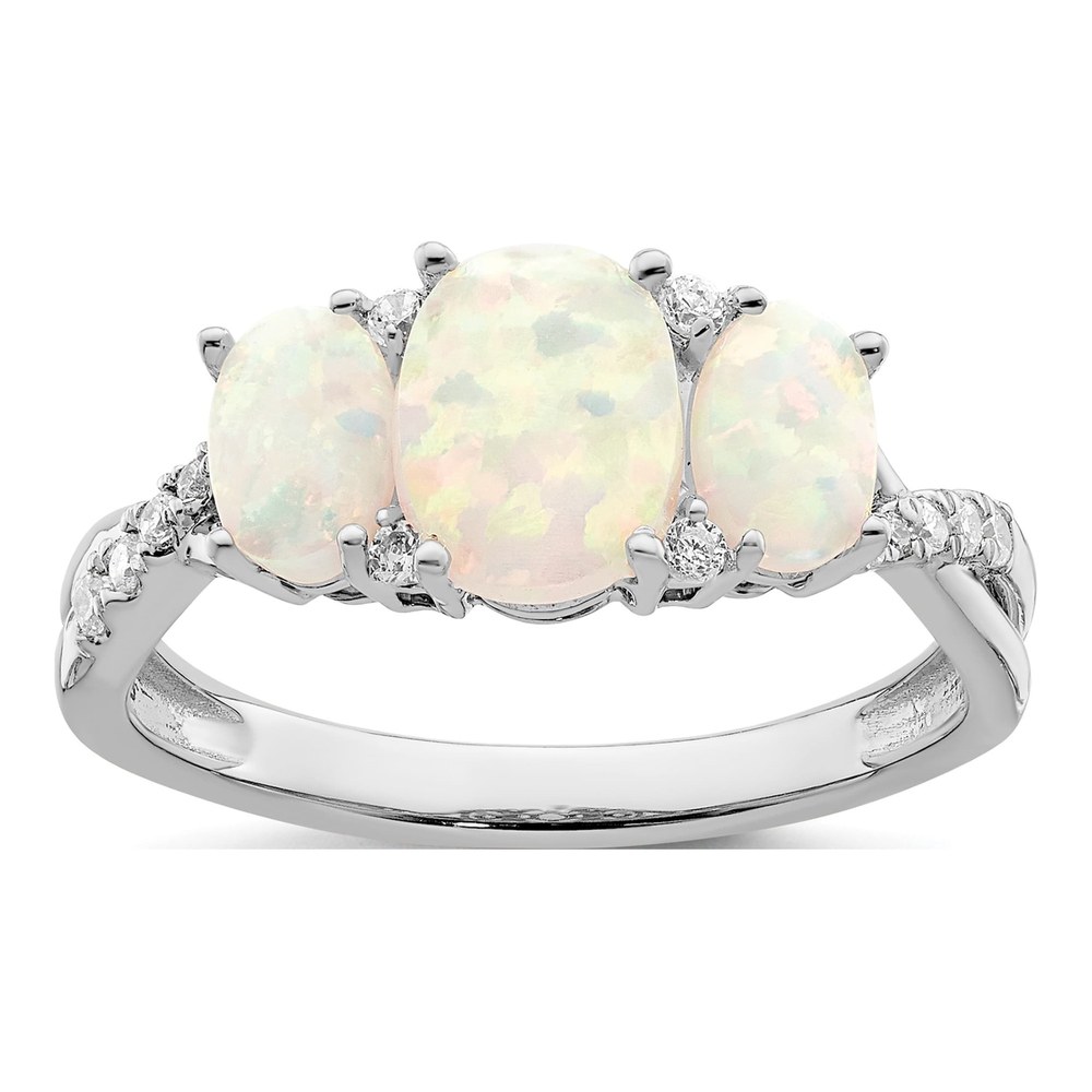 14K White Gold Lab Opal & Diamond 3-Stone Ring