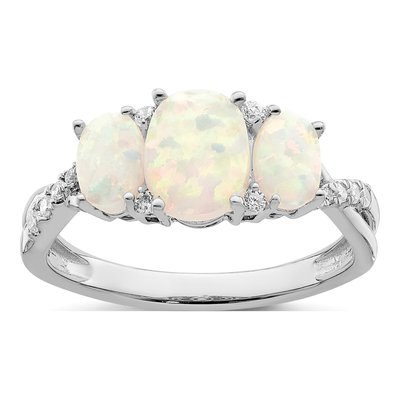14K White Gold 1/8 ct tw Lab-Created Opal & Diamond 3-Stone Ring