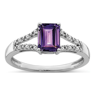 14K White Gold 1/20 ct tw Amethyst & Diamond Emerald-Cut Ring