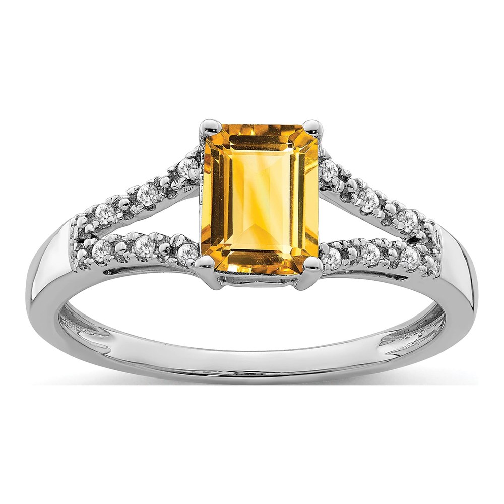 14K White Gold 1/20 ct tw Citrine & Diamond Emerald-Cut Ring