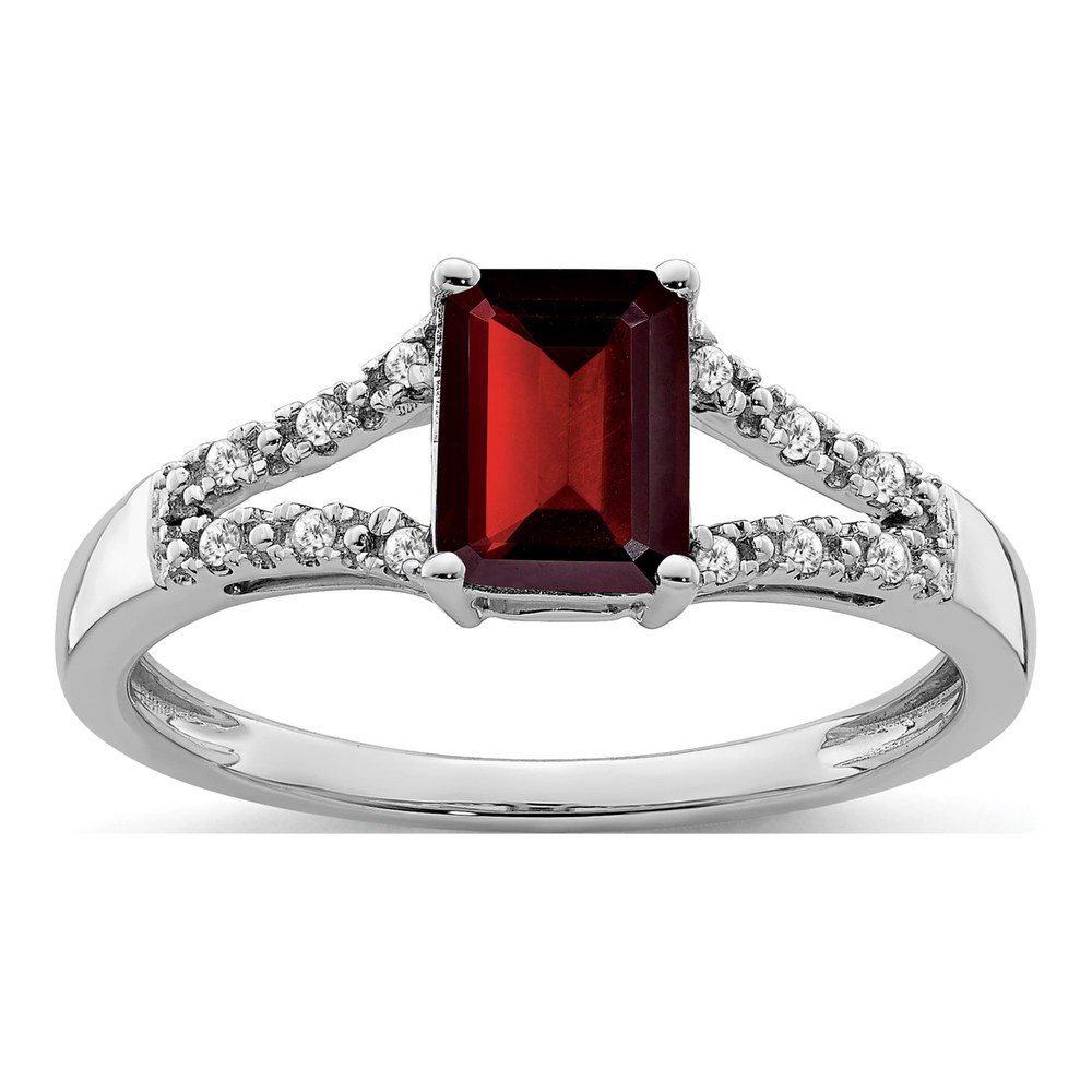 14K White Gold 1/20 ct tw Garnet & Diamond Emerald-Cut Ring