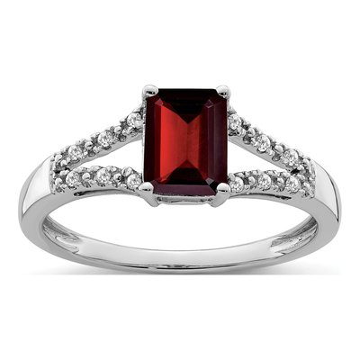14K White Gold 1/20 ct tw Garnet & Diamond Emerald-Cut Ring