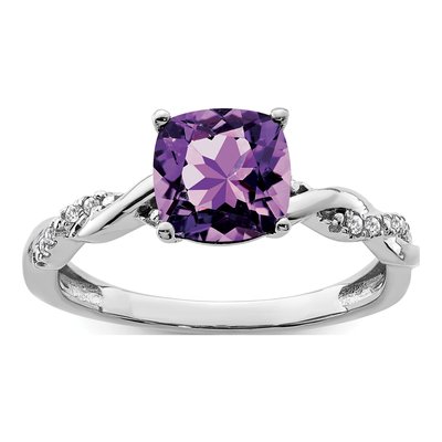 Sterling Silver 1/20 ct tw Amethyst & Diamond Cushion Ring