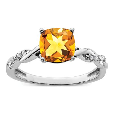 Sterling Silver 1/20 ct tw Citrine & Diamond Cushion Ring