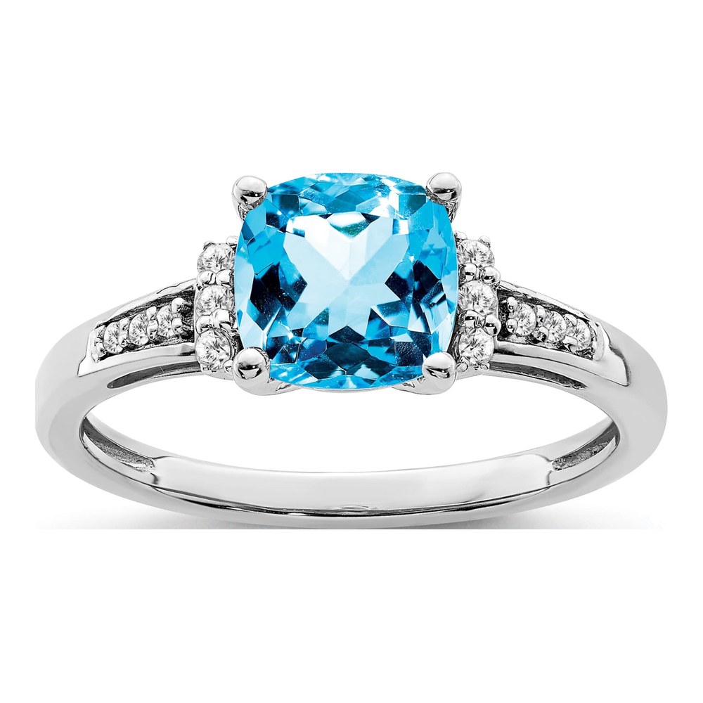 14K White Gold 1/10 ct tw Swiss Blue Topaz & Diamond Cushion Ring
