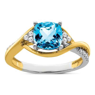 14K Two-Tone Gold 1/8 ct tw Swiss Blue Topaz & Diamond Ring