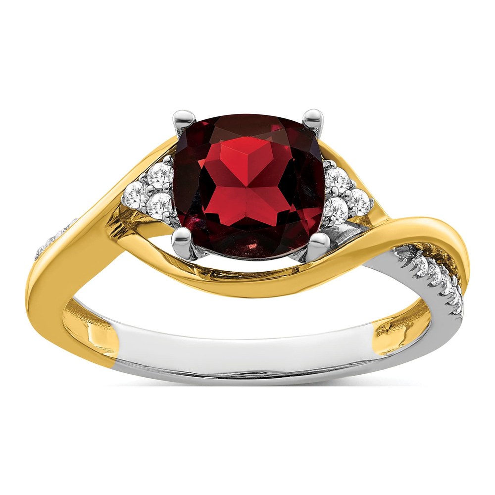14K Two-Tone Gold 1/8 ct tw Garnet & Diamond Cushion Ring
