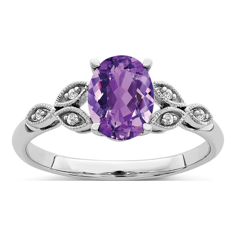 14K White Gold Amethyst & Diamond Oval Leaf Ring