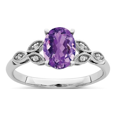 14K White Gold Amethyst & Diamond Oval Leaf Ring
