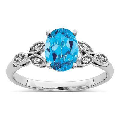 14K White Gold Swiss Blue Topaz & Diamond Oval Ring