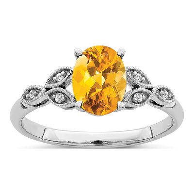 14K White Gold Citrine & Diamond Leaf Ring