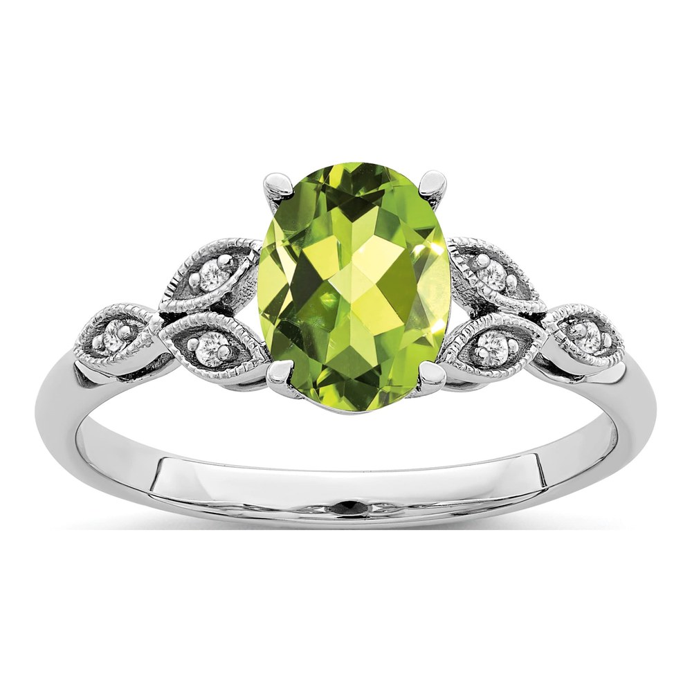 14K White Gold Peridot & Diamond Oval Leaf Ring
