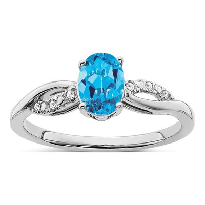 14K White Gold 1/20 ct tw Swiss Blue Topaz & Diamond Oval Ring