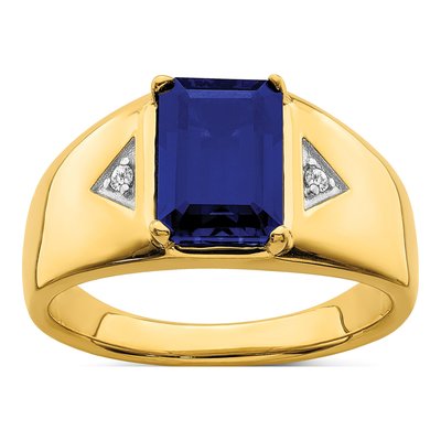 Men's 14K Yellow Gold 1/20 ct tw Lab-Created Sapphire & Diamond Emerald-Cut Ring