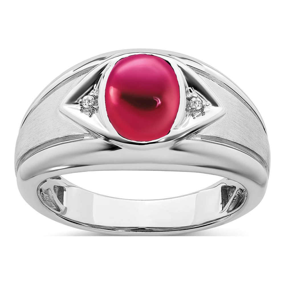 Men's 14K White Gold Lab-Created Ruby & Diamond Oval Cabochon Ring