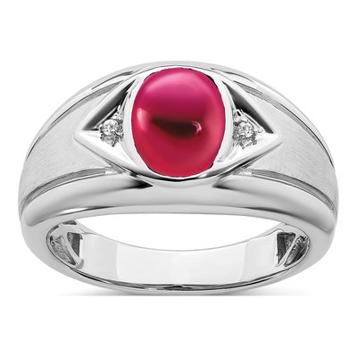 Men's 14K White Gold Lab-Created Ruby & Diamond Oval Cabochon Ring