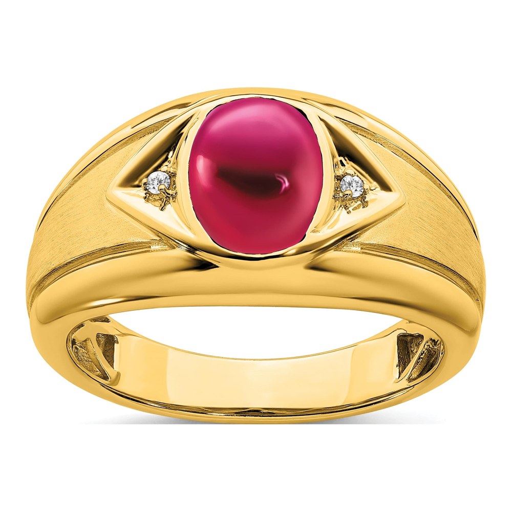 Men's 14K Yellow Gold Lab-Created Ruby & Diamond Oval Cabochon Ring
