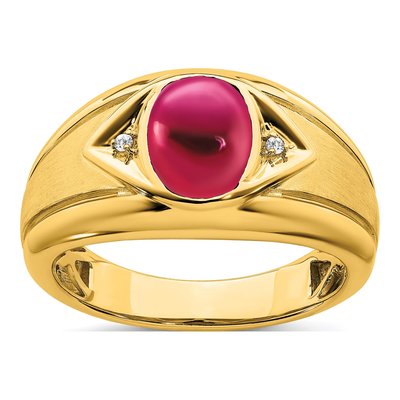 Men's 14K Yellow Gold Lab-Created Ruby & Diamond Oval Cabochon Ring