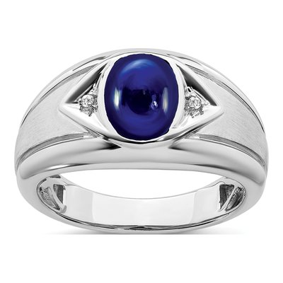 Men's 14K White Gold Lab-Created Sapphire & Diamond Oval Cabochon Ring