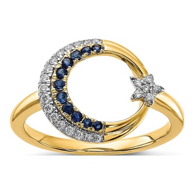 14K Yellow Gold 1/8 ct tw Sapphire & Diamond Moon Star Ring