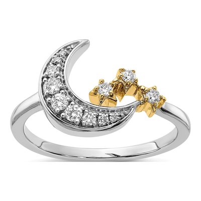 14K Two-Tone Gold 1/5 ct tw Diamond Moon 3-Stars Ring