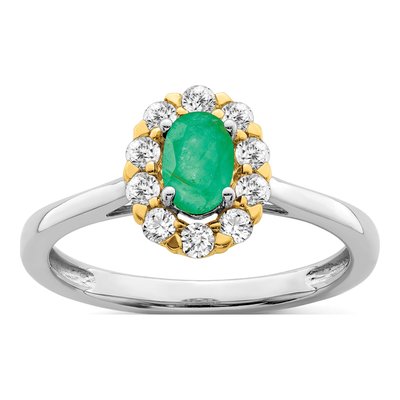 14K Two-Tone Gold 5/8 ct tw Lab-Created Emerald & Lab-Grown Diamond Halo Ring