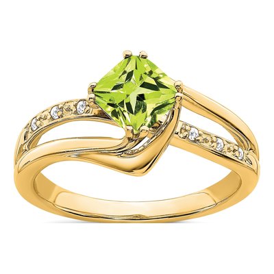 14K Yellow Gold 1/20 ct tw Peridot & Diamond Cushion Ring