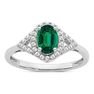 14K White Gold 1/5 ct tw Lab-Created Emerald & Diamond Halo Ring
