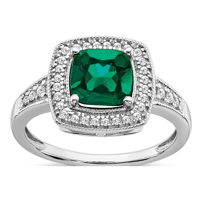 14K White Gold 1/5 ct tw Lab-Created Emerald & Diamond Halo Ring