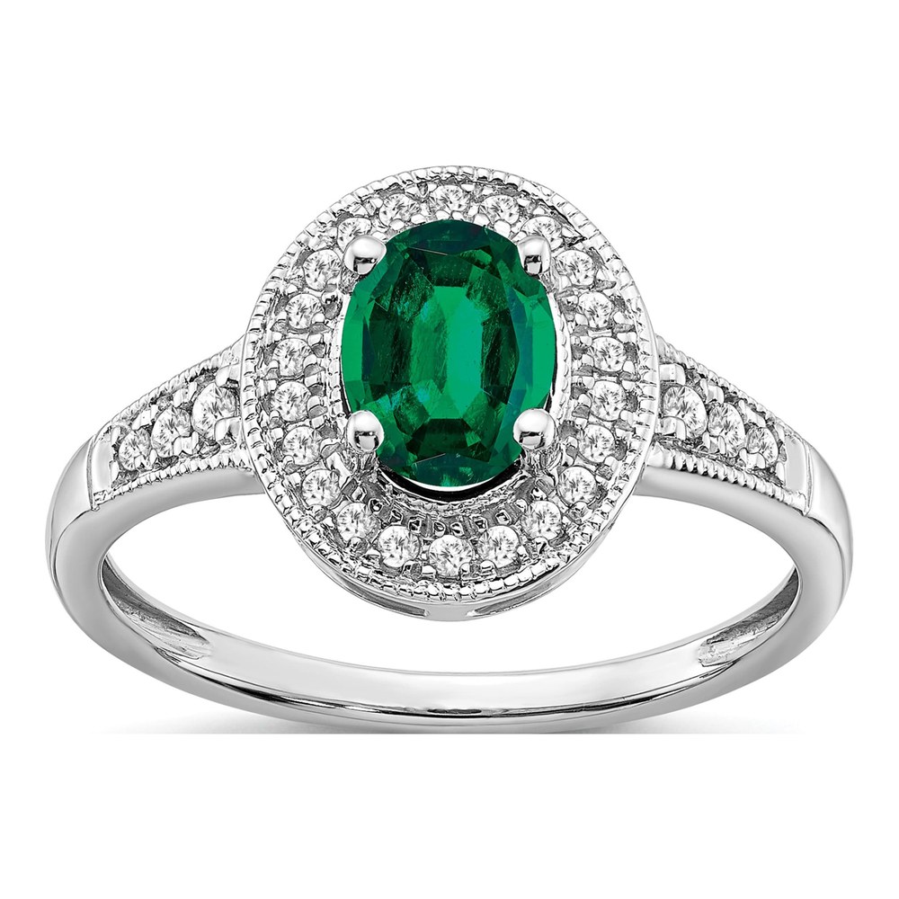 14K White Gold 1/6 ct tw Lab-Created Emerald & Diamond Halo Ring