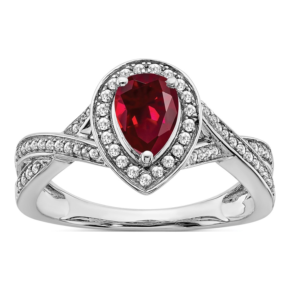 14K White Gold 1/4 ct tw Lab-Created Ruby & Diamond Pear Halo Ring